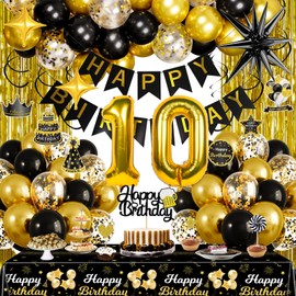 Black and Gold 10th Birthday Decorations for Boys Girls, Gold Party Decorations include Happy Birthday Banner, Tablecloth, Fringe Curtains, Star Foil Balloons for 10th Birthday Decorations