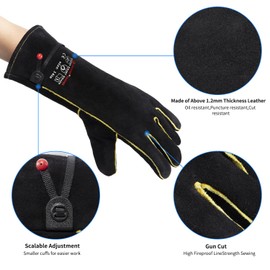 AOUCHI 932℉ Leather Welding Gloves for Women Man, Heat Resistant Fire Long Sleeve Gloves for Tig Mig Stick BBQ Fireplace Animal Handling (Small 14inch)