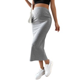 OYOANGLE Women's Maternity Adjustable High Waist Ribbed Knit Split Hem Midi Pencil Skirt Light Grey L