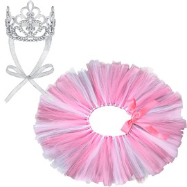 2 Pcs Dog Crown Headband Dog Tutu Dress Set Crystal Rhinestone Tiara Crown Tutu Skirt Pet Dress Costume for Puppy Birthday Party Wedding Photo Prop Costume(Medium,Rose Red, White)
