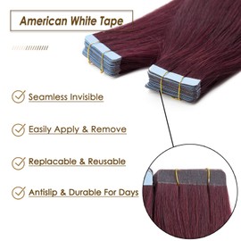 S-noilite Tape in Hair Extensions Tape in Human Hair Extensions, Burgundy Real Human Hair Tape in Extensions Skin Weft Seamless Tape Extension 24 Inch 50g 20Pcs #99J Wine Red