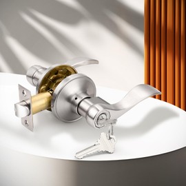 Probrico 10 Pack Keyed Alike Entry Levers, Wave Style Satin Nickel Entry Locksets, Exterior Interior Door Levers with Lock and Same Keys(for Bedroom or Office)