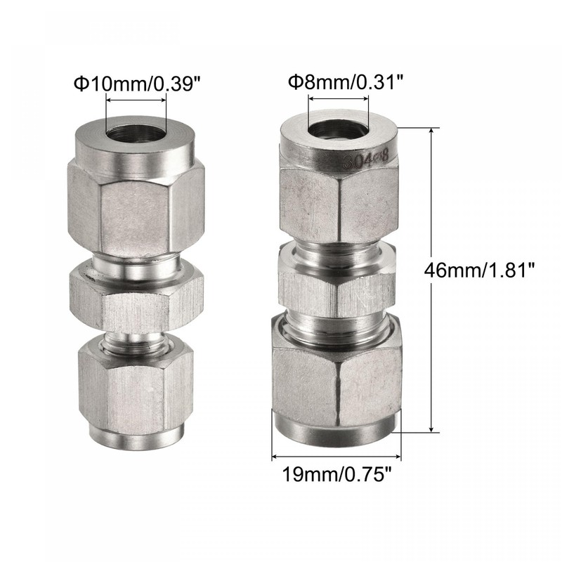 sourcing map Compression Tube Fitting 304 Stainless Steel 8mm x