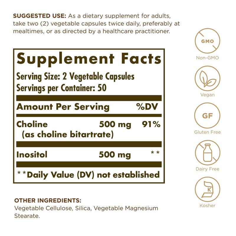 Solgar Choline/Inositol 500 mg/500 mg, 100 Vegetable Capsules (Pack of