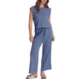 SAMPEEL Lounge Sets for Women 2 Piece Vacation Travel Airport Outfits Summer Matching Sets Women Clothing Business Casual Wide Leg Crop Pants Sets Blue M