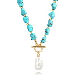 CANEVINKA 18K Gold Plated Bohemian Turquoise Pearl Necklace for Women Chunky Beaded Necklace Big Pearl Jewelry