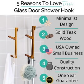 Over Shower Door Towel Hook - No Drill, No Rust, Moisture Proof Hard Wood - Shower Door Hooks for Towels - Space-Saving Bathroom Organizer Home Decor - 2pcs