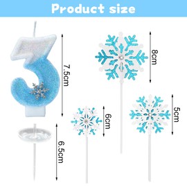 Glitzernde Zahlenkerze 3 mit Schneeflocken-Deko –Geburtstagskerze für Mädchen, Kerze 3 Geburtstag Kinder, Kerzen für Kuchen, Blau-weißer 3D-Glitzer & Tropfschutz