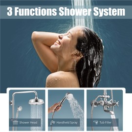 Aolemi Polish Chrome Exposed Shower Faucet Set 8 Inch Rainfall Head Handheld Spray Tub Spout Shower Fixture 2 Cross Handle Bathroom Wall Mount