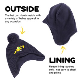 Toddler Boys Winter Hat with Earflap,Kids Cute Embroidery Excavator Knit Beanie Hats Warm Fleece Lined with Pompom Age 1-8 Navy
