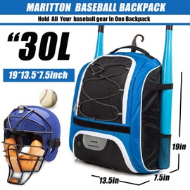 MARITTON Bolsa de béisbol: mochila de murciélago para béisbol, equipo de T-Ball y softball y equipo para jóvenes y adultos con compartimento para zapatos y soporte para bate, casco, guante y zapatos. (Azul)