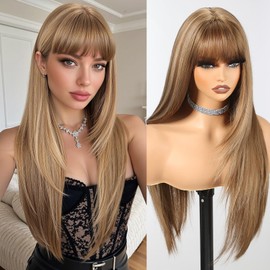 HAIRCUBE Long Straight Wigs for Women Layered Synthetic Wig with Bangs Light Brown Color for Daily