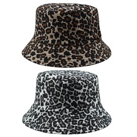 JSTHHTT Pack of 2 Winter Hat, Women's Fishing Hat, Winter Fuzzy Bucket Hat, Women's Winter Fluffy Leopard Print Fishing Hat, Warm Hat, 2, Unit size