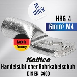 Kalitec HR6-4 Standard Tube Cable Lugs 6 mm² M4 I without Viewing Hole I Made in Germany Pack of 10