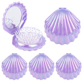 AUEAR, 4 Pack Shell Shape Hair Brushes With Mirror Foldable Portable Pocket Comb Massage Women Purple