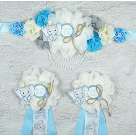 3 Pack Elephant Mom to Be Sash Daddy to Be Corsage Pins Flower, Baby Shower Sash, Maternity Sash Belly Belt Gift for Mommy Dad Elephant Baby Shower Decorations (Blue)