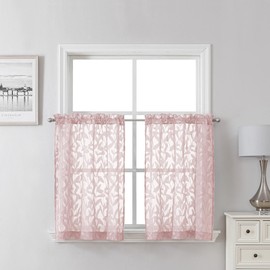 Leia - Cortinas transparentes de color rosa rubor, 2 piezas, cortinas cortas de 30 pulgadas, cortinas transpirables con textura jacquard para ventanas de cocina, cortinas de gasa con hojas de granja