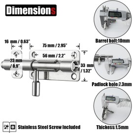 JQK HBB120-P2 - Pestillos de seguridad para puerta corredera de acero inoxidable 304, engrosados de 1,4 mm con orificio para candado, plata, paquete de 2 unidades