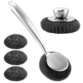 1 Long Handle Steel Wool Scrubber with 1 Short Handle Stainless Steel Scrubber and 3 Replacement Steel Scrubber for Cleaning Tableware and Cooking Tools(Color:as Shown)