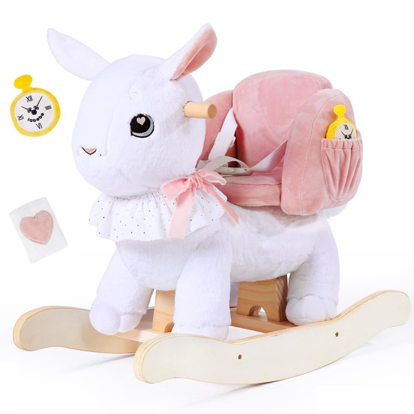 labebe Kids Rocking Horse for 1 Year Old and Up, White Rabbit Rocking Horse for Toddler 1-3 Age Girl, Plush Rocking Bunny with Seatbelt for 6 Months Babies, Children Ride-on Toy Wooden Animal Rocker
