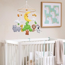 EXQULEG Animal Mobile Baby Wooden Mobile Baby Wind Chimes with Felt Balls Children's Room Hanging Bed Bell Mobile for Baby Bed Boys and Girls (A)