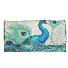 Jolamirel Retro Peacock Women's Leather Trifold Wallet, Classical Peacock Feather Handcrafted Stitching Credit Card Holder Coin Purse, Mandala Elegant Trifold Wallet, ID Window