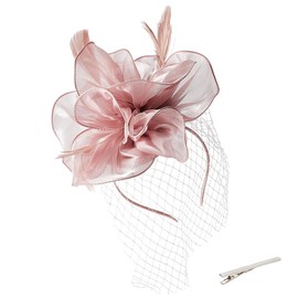 AHANDMAKER Fascinator Hats for Women 50s Organza Flower Net Veil Headband with Feather Veil Fascinator Net for Wedding Tea Party Costume Accessory Pink, pink