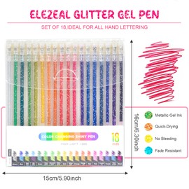 Elezeal Glitter Colored Pen, Assorted Metallic Gel Pens with 1.0mm Tip, Color Changing Shiny Pen for Adult Colouring, Doodling, Drawing, Writing, Noting (Set of 18)
