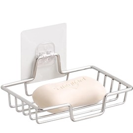 Rainspire Soap Dish Holder, No Drilling, 304 Rustproof Stainless Steel, Wall Mounted Soap Holder Soap Tray Bar Soap Sponge Holder for Bathroom & Kitchen, Square (Silver)