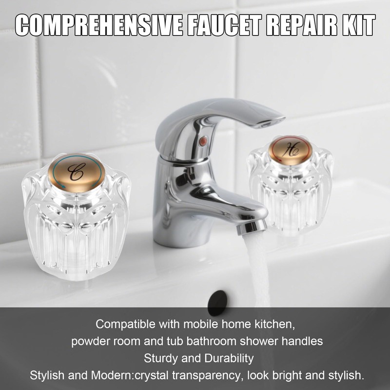 Ryutain Transparent Crystal Shower Knob Replacement 2 Piece Dual Control
