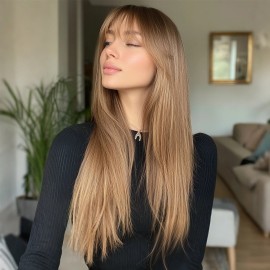 SMILCO Popular Fashion Wigs  Europe and America Brown Long Straight Hair with Bangs High-temperature Silk Headband Wigs SM7826color: Brown, Stretched Length: 24"