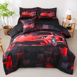 Tasselily 6 Pcs Race Car Twin Bedding Set for Boys,Red Sports Cars Twin Size Comforter Sets with Sheets for Boys Kids Teen