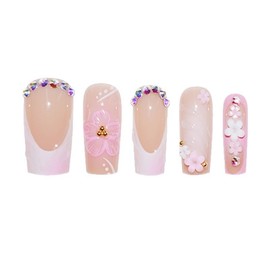 24 Pcs Gradient French Tip Press on Nails Long Flower Fake Nails Glossy Bling Rhinestone False Nail Square Reusable Flower Artificial Nails Finger Manicure for Women and Girls