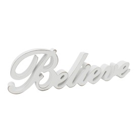 CVHOMEDECO. Rustic Vintage Distressed White Wooden Words Sign Free Standing "Believe" Tabletop/Shelf/Home Wall/Office Decoration Art, 14-1/4 x 4-1/4 x 1 Inch