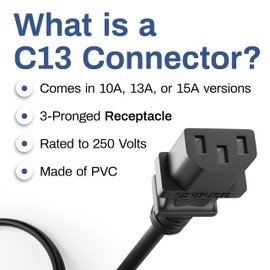 UNC PDU Power Cable C13 to C14, 1.5 Foot Black, 10 Amp - SJT 250V, UL Listed, 18AWG IEC Extension Cord, Reliable Server Rack Power Cable for PDU, UPS, Network Equipment, Data Centers