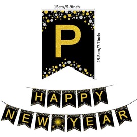 Dusenly Happy New Year Banner Black Gold Glitter 2024 New Year's Eve Party Bunting with Happy New Year Tablecloth Tablecloth for 2024 New Year Party Decoration