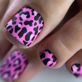 Pink Leopard Press on Toenails Short Square - Summer Cute Fake Toe Nail Press ons Glossy Fake Toenails Full Cover Acrylic Toe Nails with Nail File Stick Jelly Press on Toe Nails Kit for Women 24 Pcs