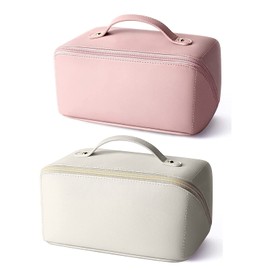 2 Pieces PU Cosmetic Bag Travel Bag, Large Capacity Layered Cosmetic Bag with Zipper, Multifunctional Waterproof Bag, Easy to Carry - Gift for Women (Pink+White), pink/white