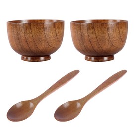 NUOMI 2 Set Wooden Soup/Rice Bowls with Wood Spoons for Eating, Small Noodle/Snacks Bowl and Spoon Dinnerware Set