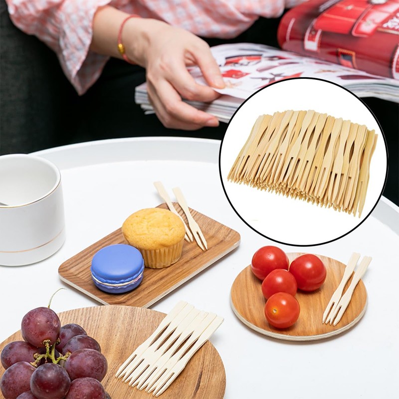 NILLOS Bamboo Forks, 100 Pcs Food Dessert Two Prongs Mini