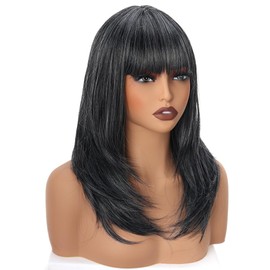 PORSMEER 16 Inch Short Bob Wigs with Fringe for Women, Straight Black Synthetic Wig, Shoulder Length, Heat-Resistant Wig for Daily Use (Salt and Pepper)