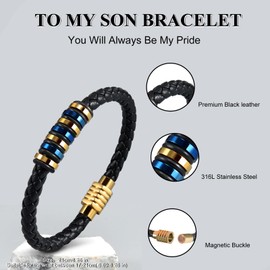 QianSiLi Gifts for Son Stepson To My Son Bracelet With Box Mens Bracelets Leather Son Gifts from Mum 16th 17th 18th 19th 20th 21st birthday Gift for Teenage Boys 13-18 Years Old Xmas Gift (Gold Blue)