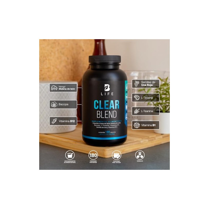 Clear Blend de 180 cápsulas. Nootropico con ingredientes naturales: Hongo