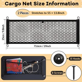 Frienda 2 Pieces Stretchable Small Cargo Net Pocket Storage Mesh Net Elastic Automotive Storage Pouch with 8 Pieces Mounting Screws and Hooks for Truck Car SUV Boats(29 x 9.8 Inches)
