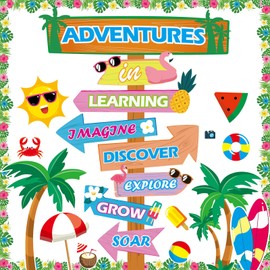 Summer Bulletin Board Classroom Decoration Beach Summer Signpost Bulletin Board Set Supplies Flamingo Surfboard Paper Cutout Decoration for Back to School Wall Door Decor