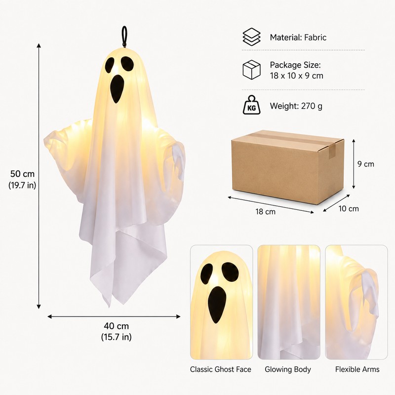 LED Hanging Ghost for Halloween Decor – Light-Up Fabric Horror