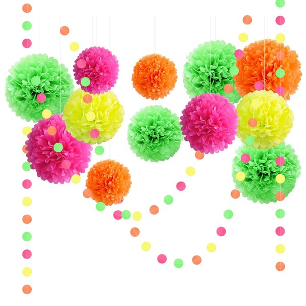 NICROLANDEE Blacklight Party Decorations - 15 PCS Fluorescent Neon Tissue Paper Pom Poms & Paper Garlands for Birthday, Wedding, Baby Shower, Glow-in-The-Dark Party, Neon Prom Dance Party Photography