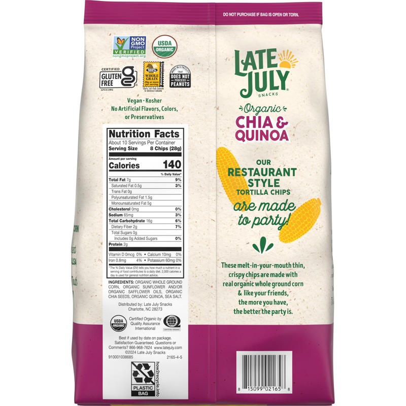 Late July Chia & Quinoa Organic Tortilla Chips, 10.1 Oz