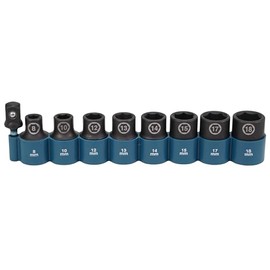 Makita E-16645 Impact Black Impact Socket Set 1/2 Inch 9-Piece SW8 - SW18 with Adaptor 50 mm 1/4 Inch Hex to 1/2 Inch Square, Chrome-Molybdenum, Impact Sockets 38 mm Long