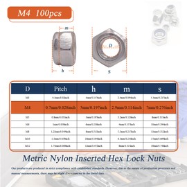 M4 x 0.7mm Nylon Insert Lock Nuts (100pcs) DIN 985 Locknuts 304 Stainless Steel Metric Thread Hex Nylock Nuts Reusable Anti-Loose Corrosion-Resistant for RC Models Machinery DIY